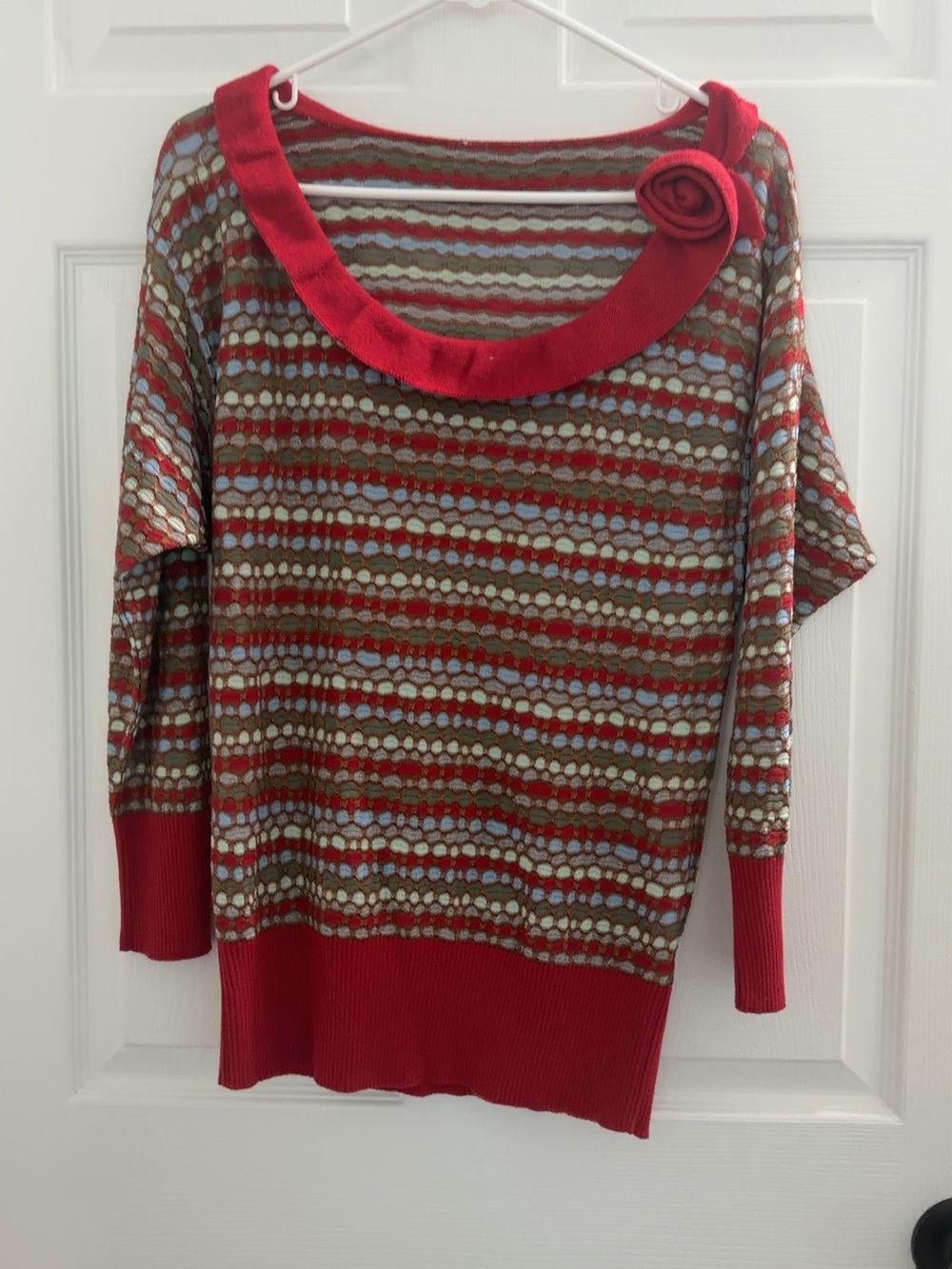 Missoni Red-Accent Patterned Scoop Neck Sweater with Rosette